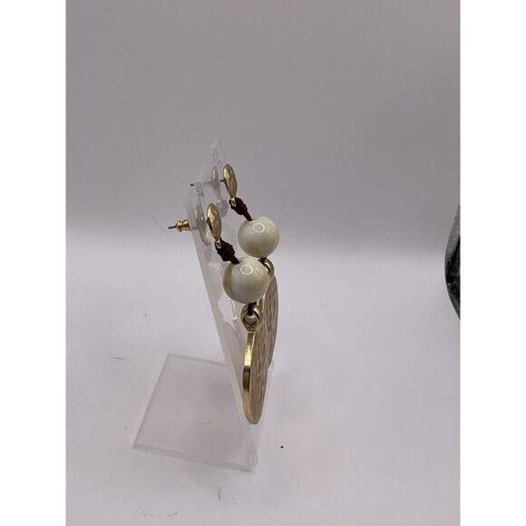 Gold & White Beaded Vintage Dangle Earrings With Textured Round Discs For Women - Picture 4 of 4